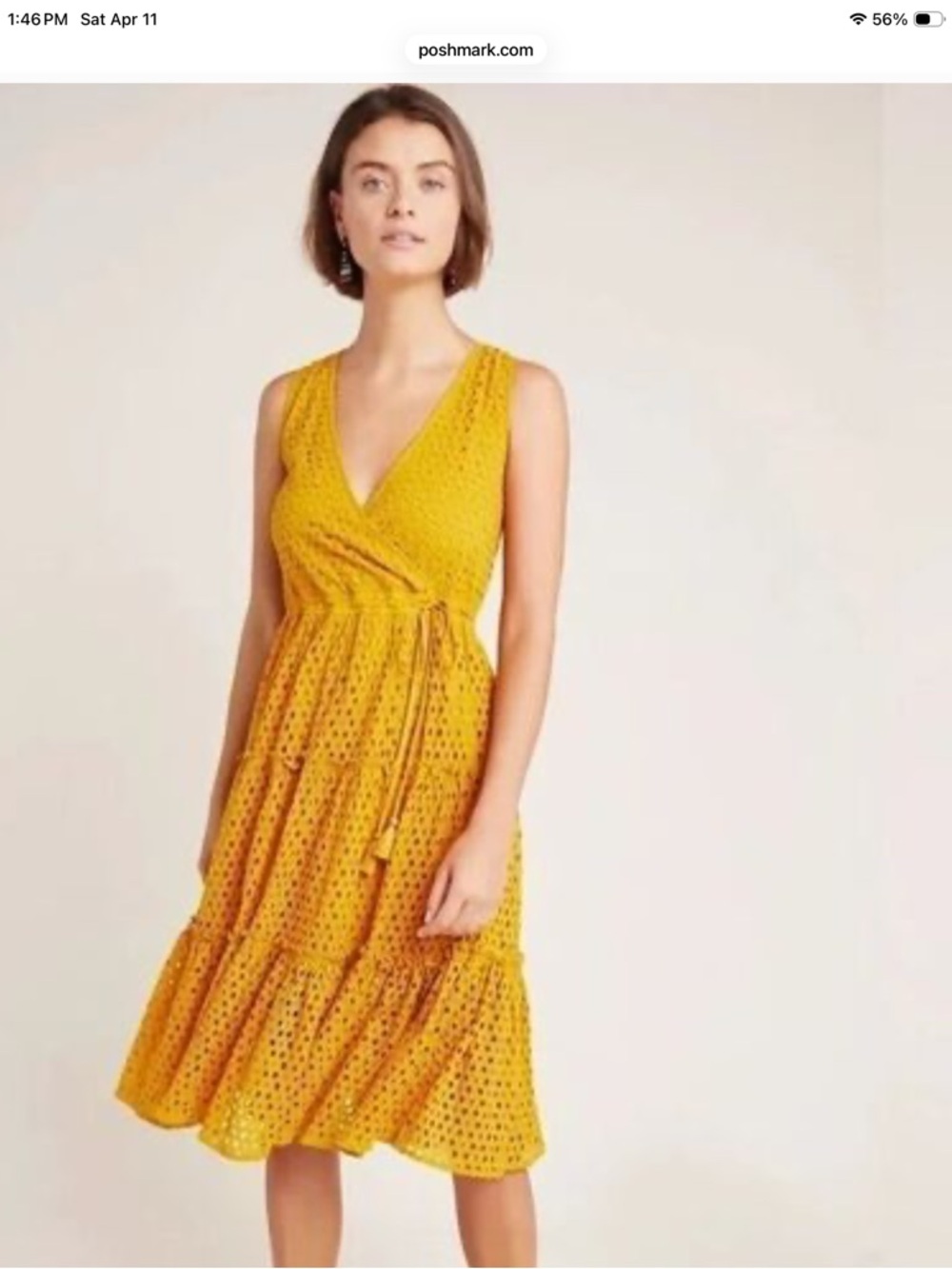 Anthropologie x Frye NWT Nuri Eyelet Wrap Dress Medium Gold Yellow Midi Prairie